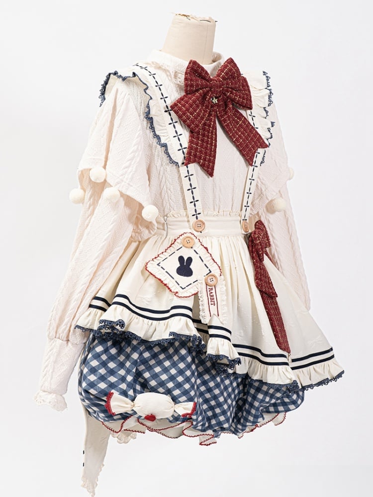 White Long-Sleeve Knitted Top Apron Blue Plaid Print Bloomer Shorts Sweet Lolita Full Set | CoyBunny