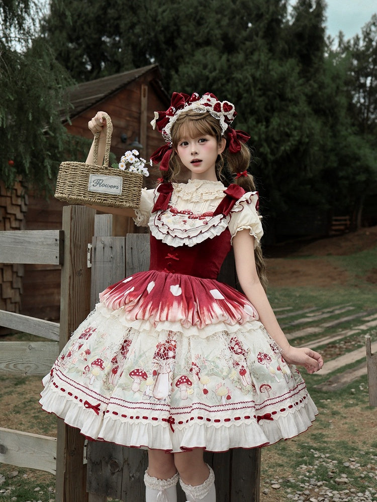 Red Velvet Mushroom Print JSK Dress with Heart Accent - Honey Machine | CoyBunny