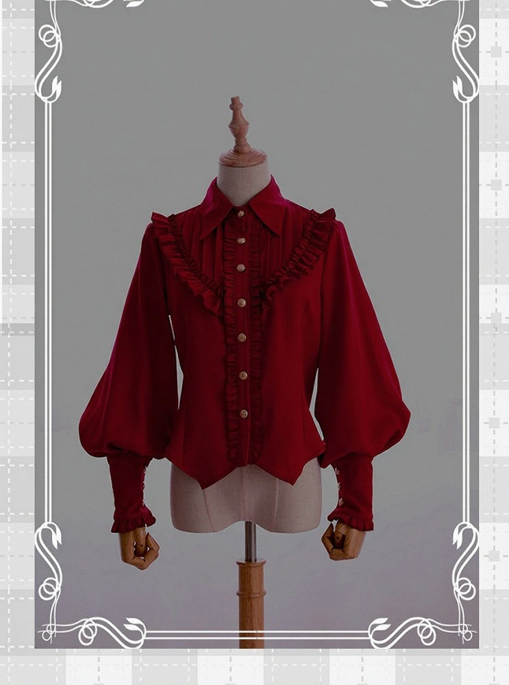 Wine Red Vintage Flounce Hem Elegant Lolita Blouse with Puff Sleeves | CoyBunny