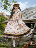 Cat and Maple Floral Print Jumper Skirt with Ruffle Trim - Lineall Cat | CoyBunny