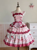 Pink Cherry Cake Print Sweet Lolita Dress with Layered Ruffles - Strawberry Fantasy | CoyBunny