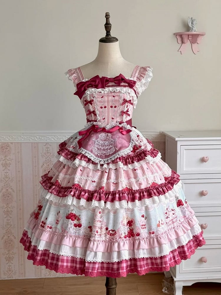 Pink Cherry Cake Print Sweet Lolita Dress with Layered Ruffles - Strawberry Fantasy | CoyBunny