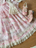 Pink Deer & Floral Print Flutter Sleeves Sweet Lolita JSK Dress with Overlay - Honey Machine | CoyBunny