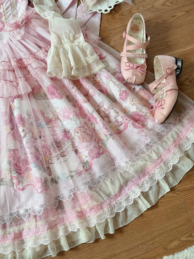 Pink Deer & Floral Print Flutter Sleeves Sweet Lolita JSK Dress with Overlay - Honey Machine | CoyBunny