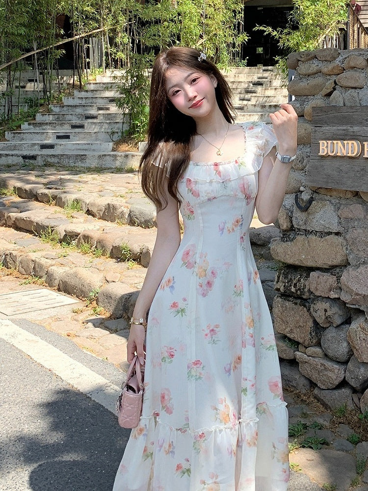 Apricot Summer Vacation Dress with Floral Pattern - Qchiwawameme | CoyBunny