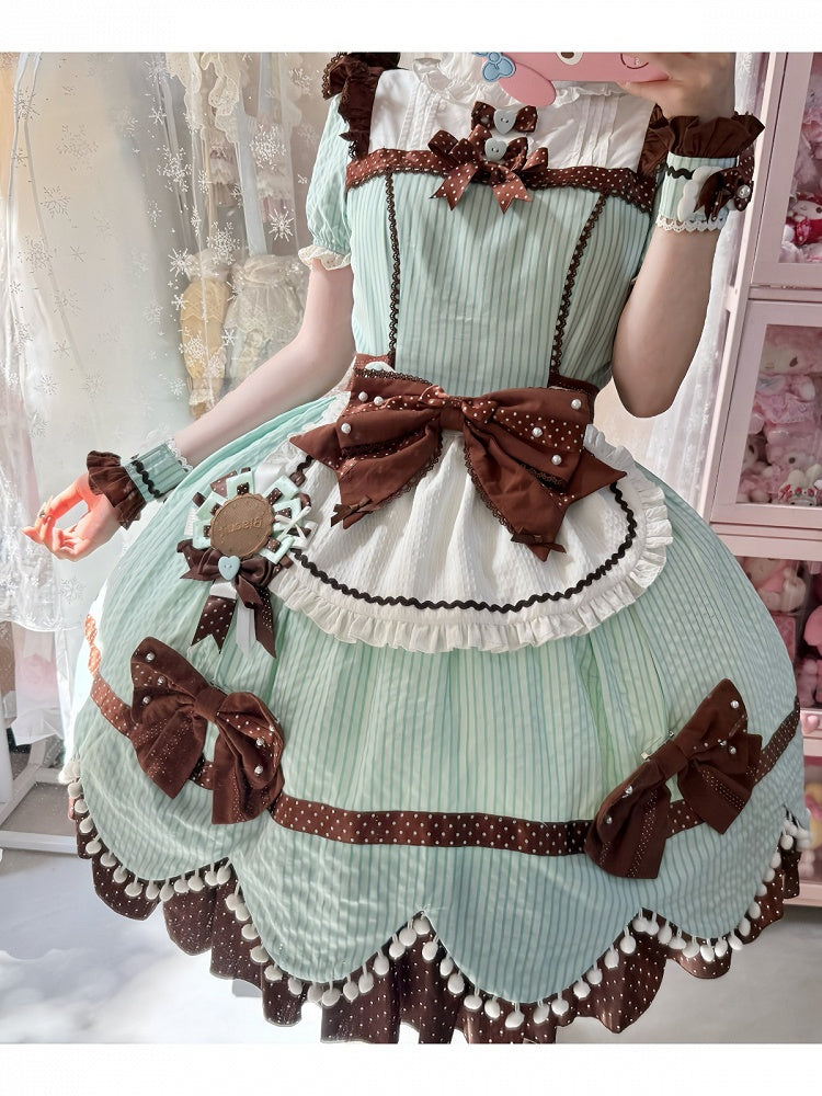 Mint Chocolate Cookie OP Dress with Pompom Bowknot Apron - Alice in Wonderland Lolita | CoyBunny