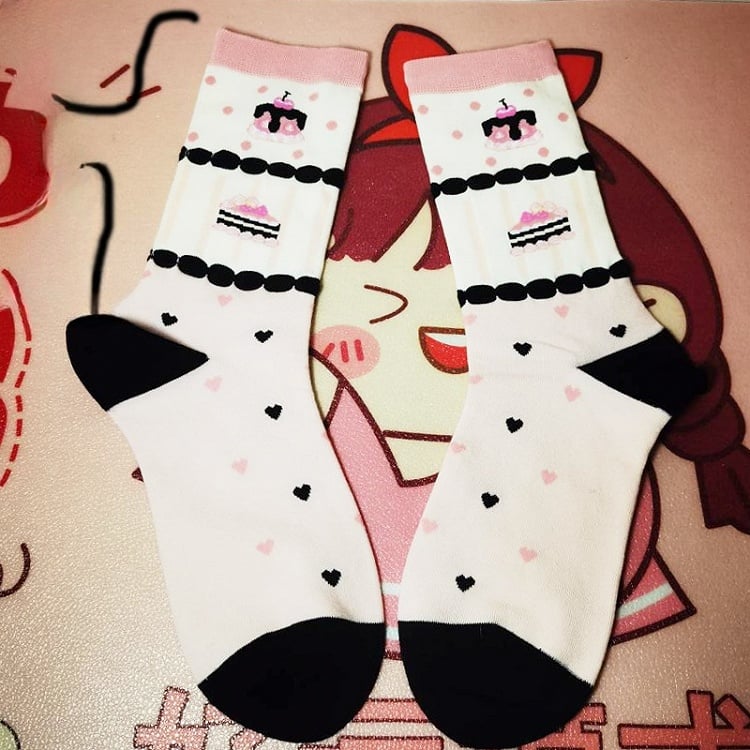 Sweet Lolita Calf Socks with Cake, Strawberry and Bow Print | CoyBunny