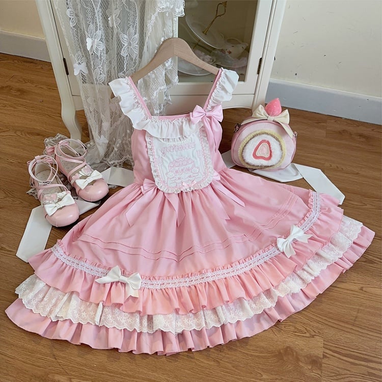 Teddy & Cake Embroidery Sweet Lolita Dress ¨C Square Neck Tiered Skirt | Miss Han | CoyBunny
