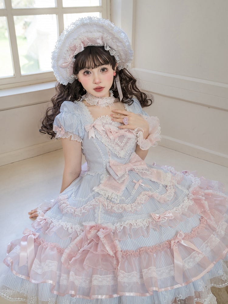 Short Sweet Lolita Princess and Details Bows Pink Blue Striped Dress Bead Sleeves - Mademoiselle | CoyBunny