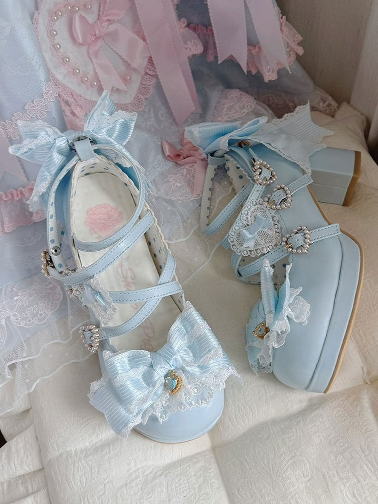 Sweet Lolita Blue Heart Crystal Platform Shoes with Bow - Sheep Puff | CoyBunny