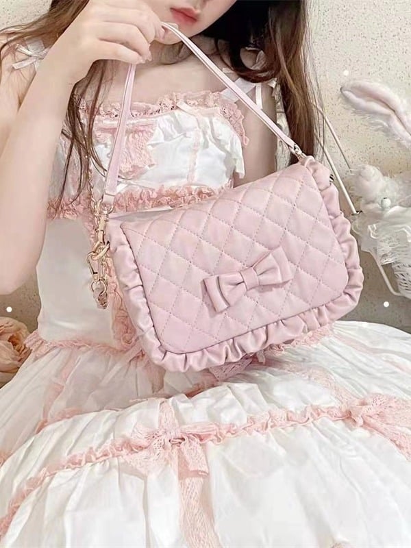 Light Pink Crossbody Lolita Bag with Diamond Pattern and Bows - Seraphim | CoyBunny