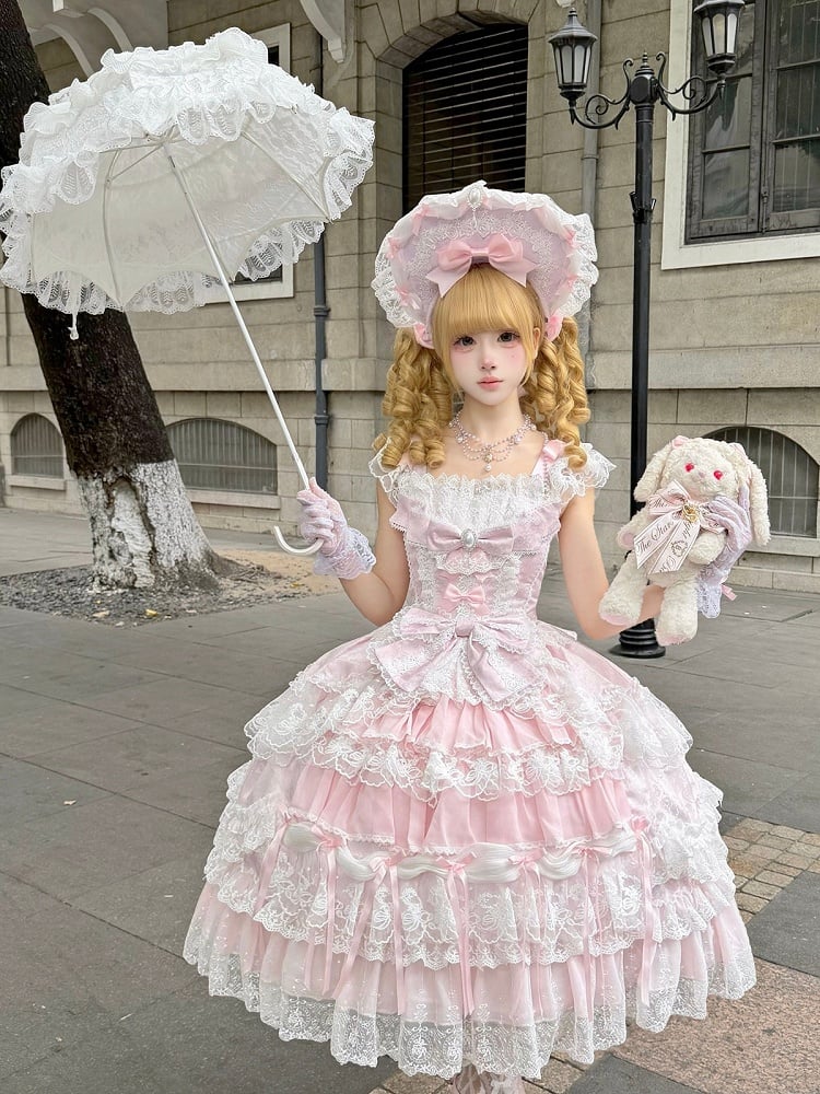 Pink Hanayome Tiered Lolita JSK Dress with Bows & Lace Trim - Set Includes Bonnet & Back Bow | CoyBunny