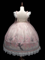 Peach Blossom Print Pink Empire Waist Chinoiserie Lolita Dress with Beaded Sheer Overlay - Dream Magic Box | CoyBunny