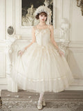 Creamy Boned Waist Elegant Lolita Long JSK Dress + Necklace + Hairband + Floral Hairclip - With PUJI | CoyBunny