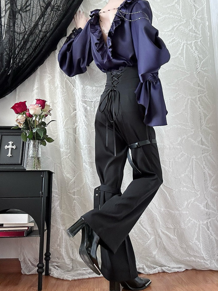 Lilac Lace-Up Ruffle Shirt with Black Flower Chains - Shi Zhi Mao | CoyBunny