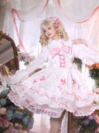 White and Pink Bowknot Details Tiered Skirt Sweet Lolita Dress Jumper Skirt | CoyBunny