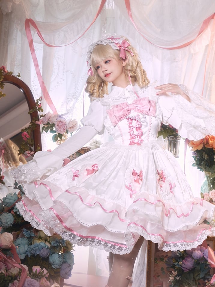 White and Pink Bowknot Details Tiered Skirt Sweet Lolita Dress Jumper Skirt | CoyBunny