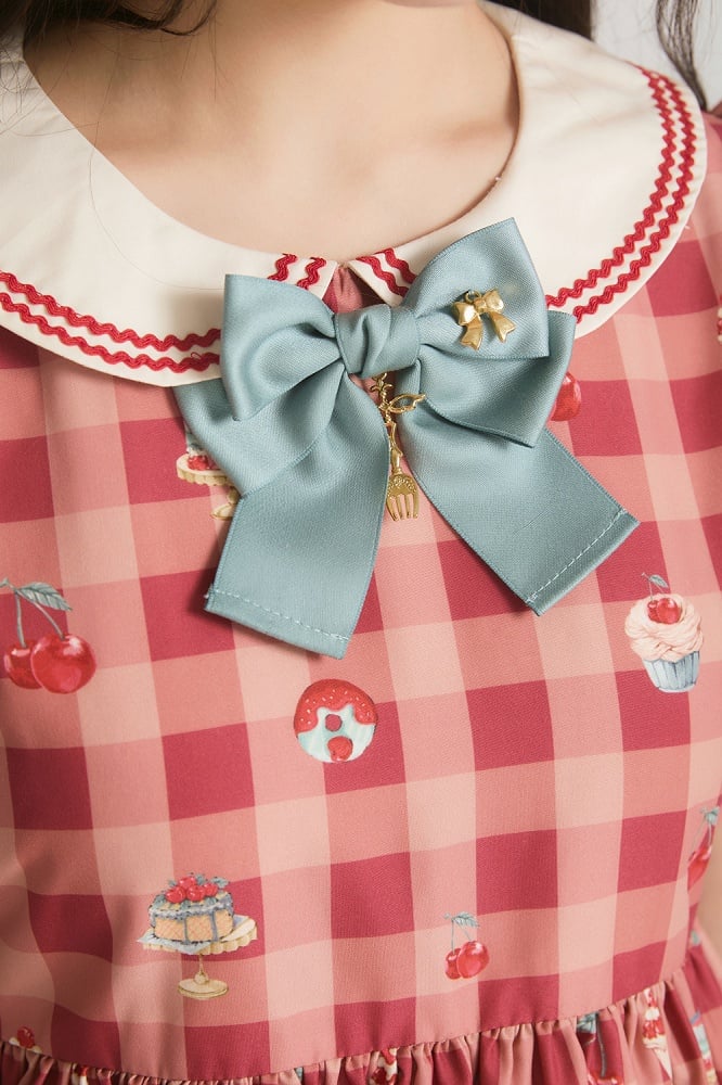 Red High-Waisted Cherry and Dessert Sweet Lolita Gingham Dress | CoyBunny