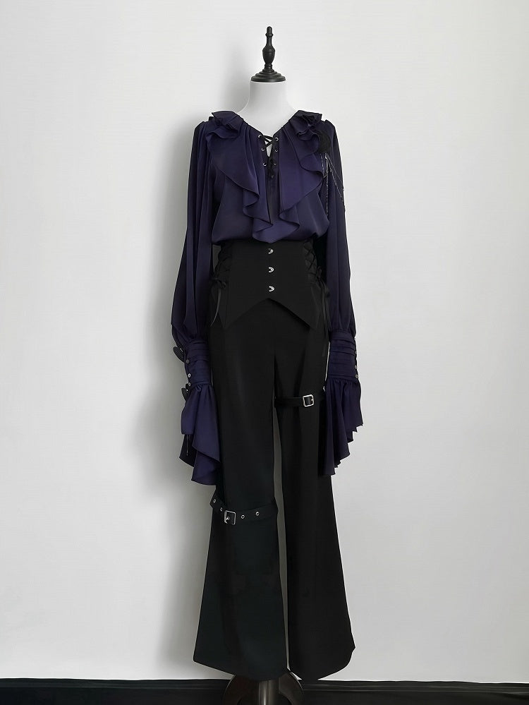 Lilac Lace-Up Ruffle Shirt with Black Flower Chains - Shi Zhi Mao | CoyBunny