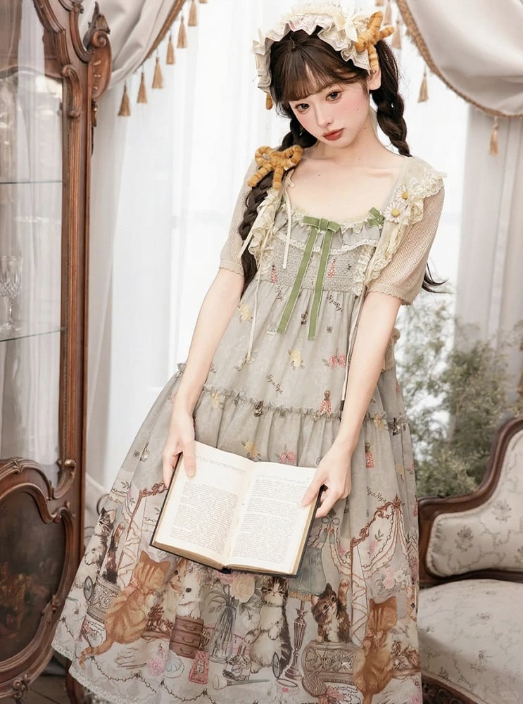 Green Cat Print High Waist Sweet Lolita Jumper Skirt - NyaNya | CoyBunny