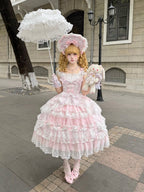 Pink Hanayome Tiered Lolita JSK Dress with Bows & Lace Trim - Set Includes Bonnet & Back Bow | CoyBunny