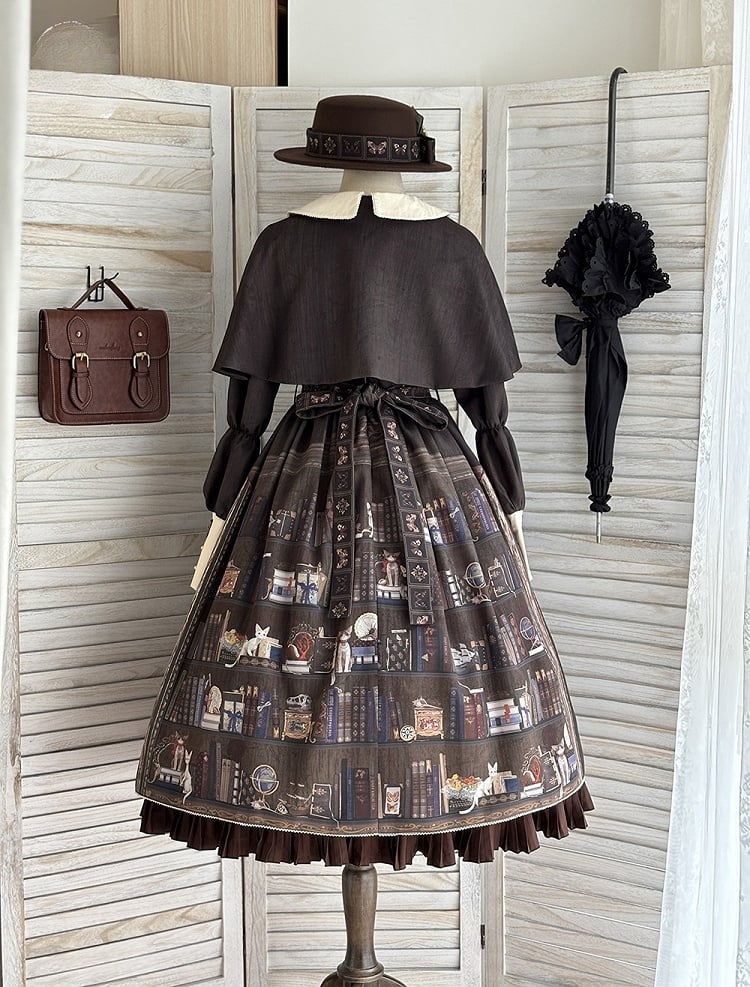 Dark Brown Bookshelf Print Long Sleeve Lolita Dress Cape - Miss Point | CoyBunny