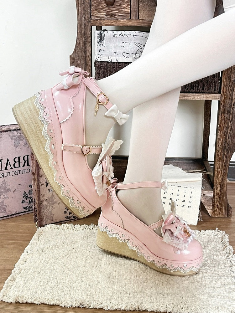 Pink Bowknot Heart Lace Trim Lolita Shoes with Rabbit Detail - Cheese Mango | CoyBunny