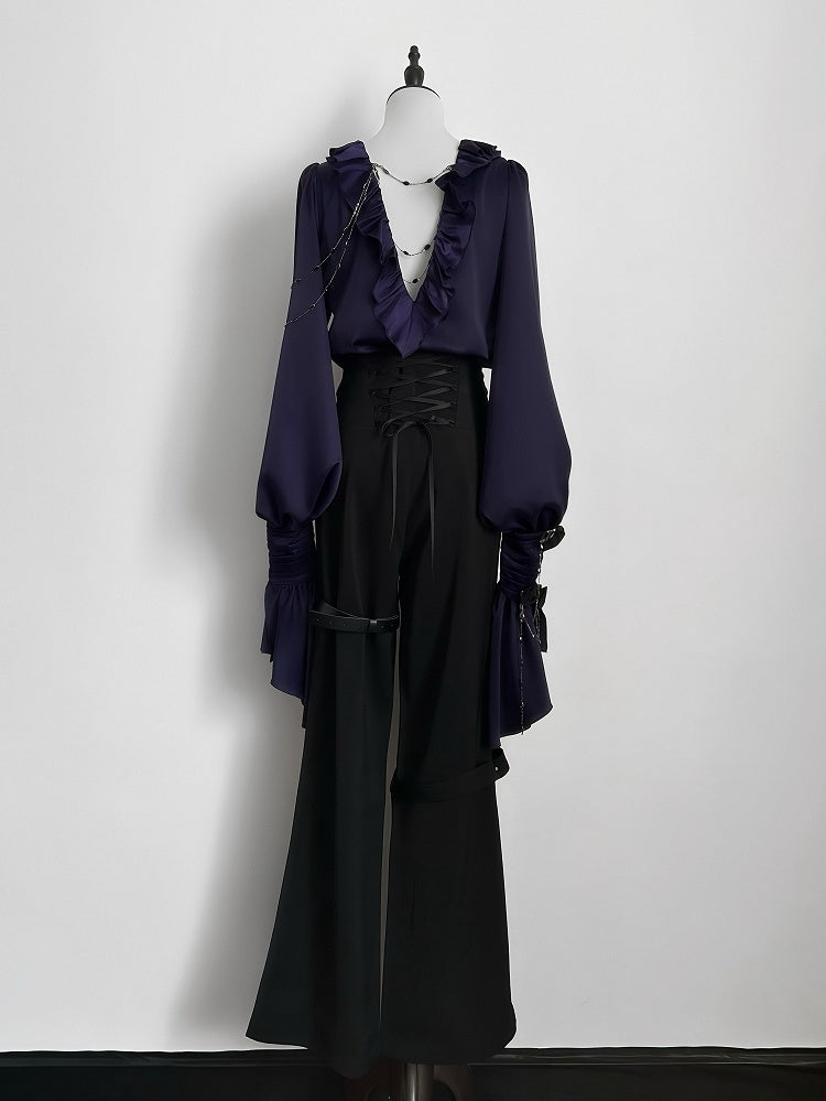 Lilac Lace-Up Ruffle Shirt with Black Flower Chains - Shi Zhi Mao | CoyBunny
