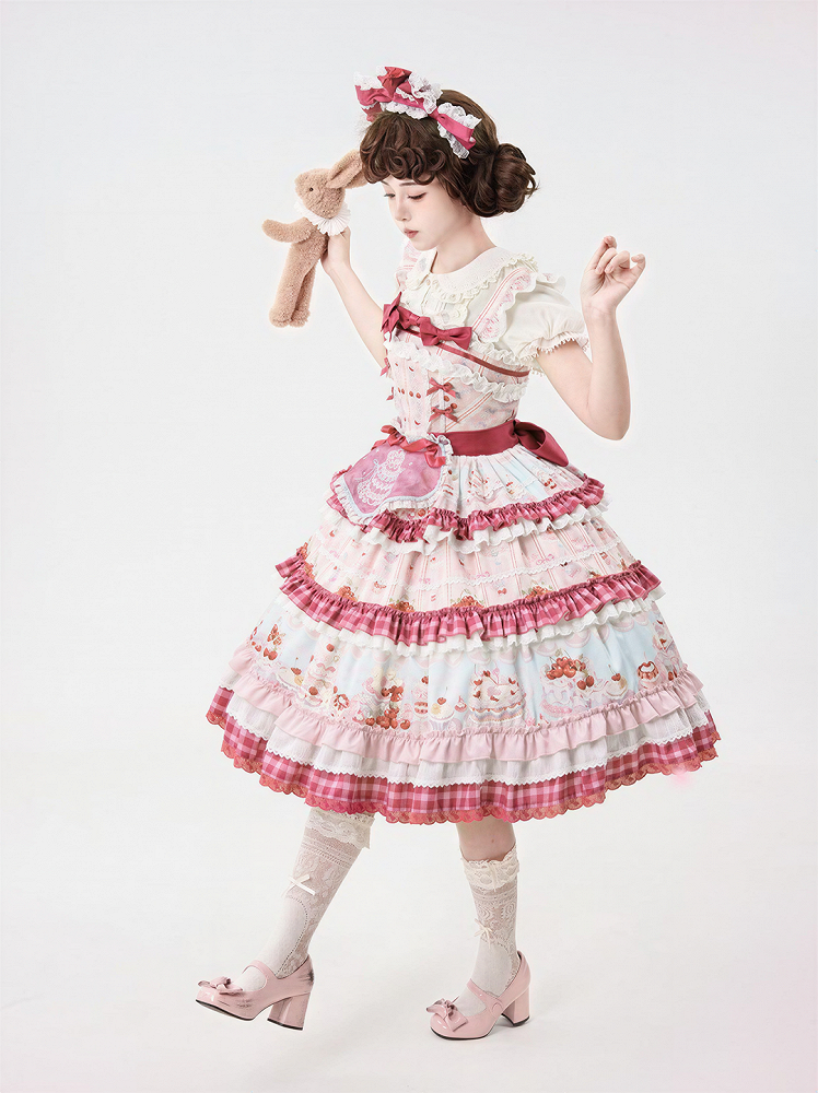 Pink Cherry Cake Print Sweet Lolita Dress with Layered Ruffles - Strawberry Fantasy | CoyBunny
