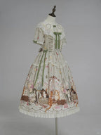 Green Cat Print Round Neck Sweet Lolita Dress with Lace Trim - NyaNya | CoyBunny