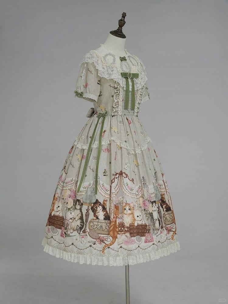 Green Cat Print Round Neck Sweet Lolita Dress with Lace Trim - NyaNya | CoyBunny