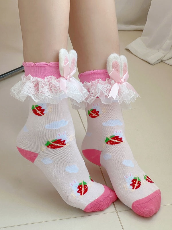 Sweet Lolita Strawberry-Print Socks with Bunny Ears and Lace Trim | CoyBunny