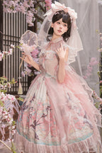 Pink Lace Qipao Collar Chinoiserie Lolita OP Dress with Swallow and Peach Blossom Print - Dream Magic Box | CoyBunny