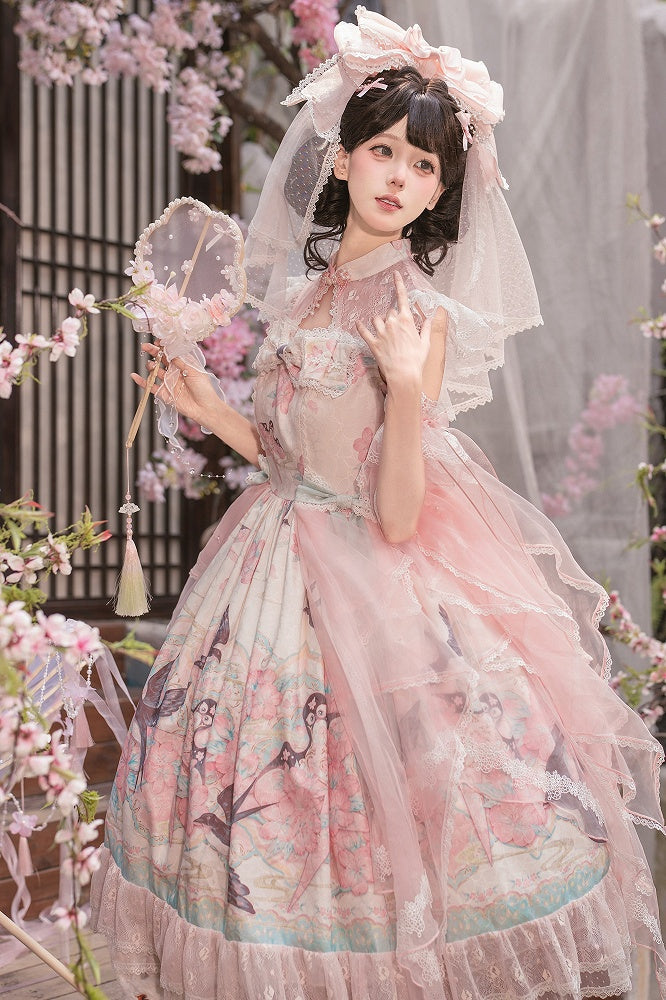 Pink Lace Qipao Collar Chinoiserie Lolita OP Dress with Swallow and Peach Blossom Print - Dream Magic Box | CoyBunny