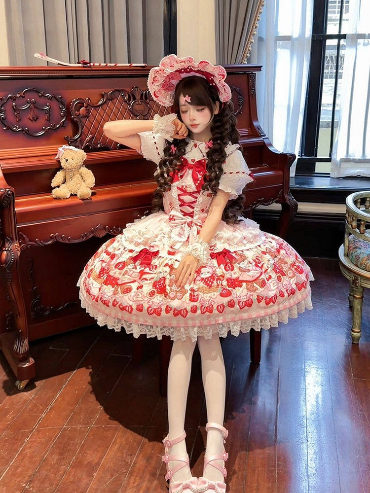 Pink Sweet Lolita JSK Dress with Bunny & Teddy Print, Lace & Bows - Miss Han | CoyBunny