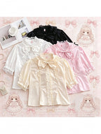 Plus Size White Black Pink Apricot Short Sleeve Lolita Stand Collar Blouse - Versatile girl | CoyBunny