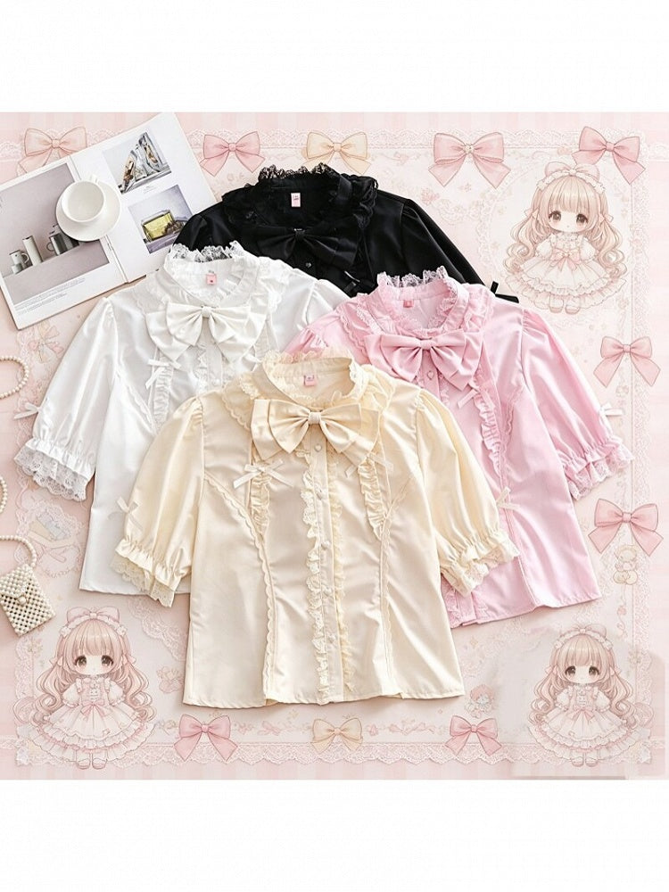 Plus Size White Black Pink Apricot Short Sleeve Lolita Stand Collar Blouse - Versatile girl | CoyBunny