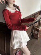 Red Knit Peter Pan Collar Cardigan with Lace - Qchiwawameme | CoyBunny