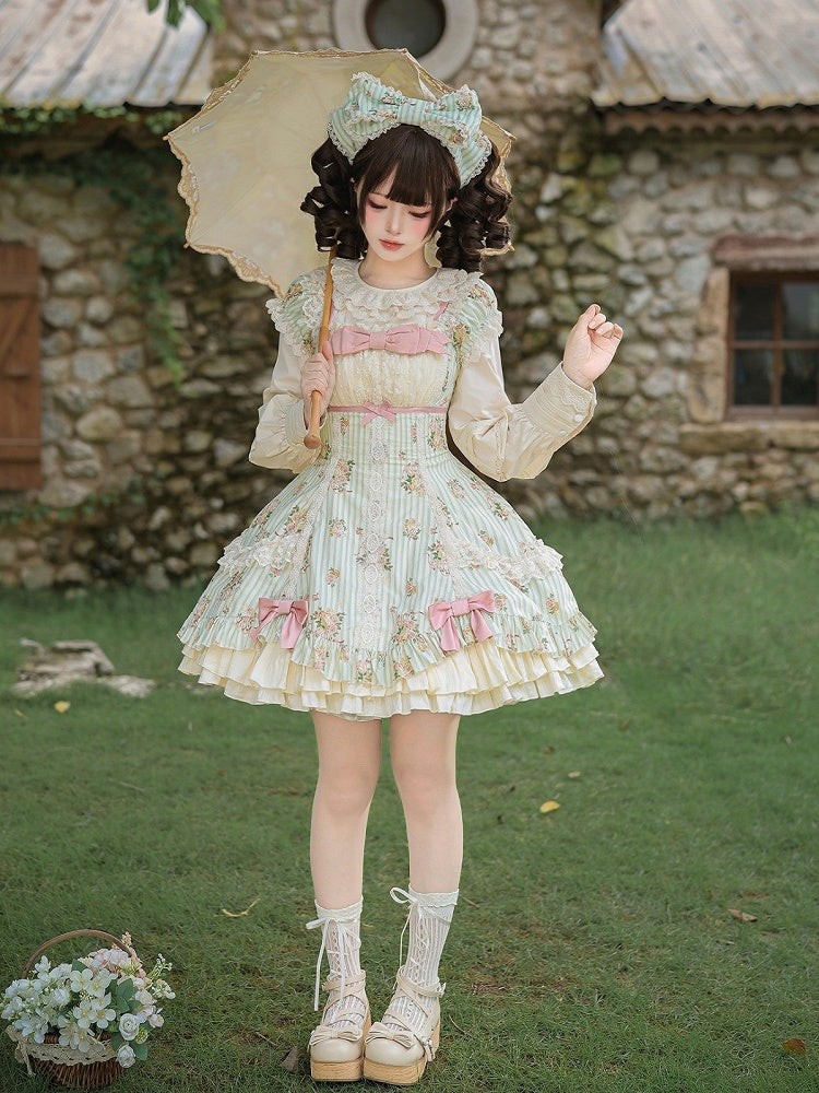 Floral Striped Dress Set with Hair Clip and Choker - With PUJI | CoyBunny