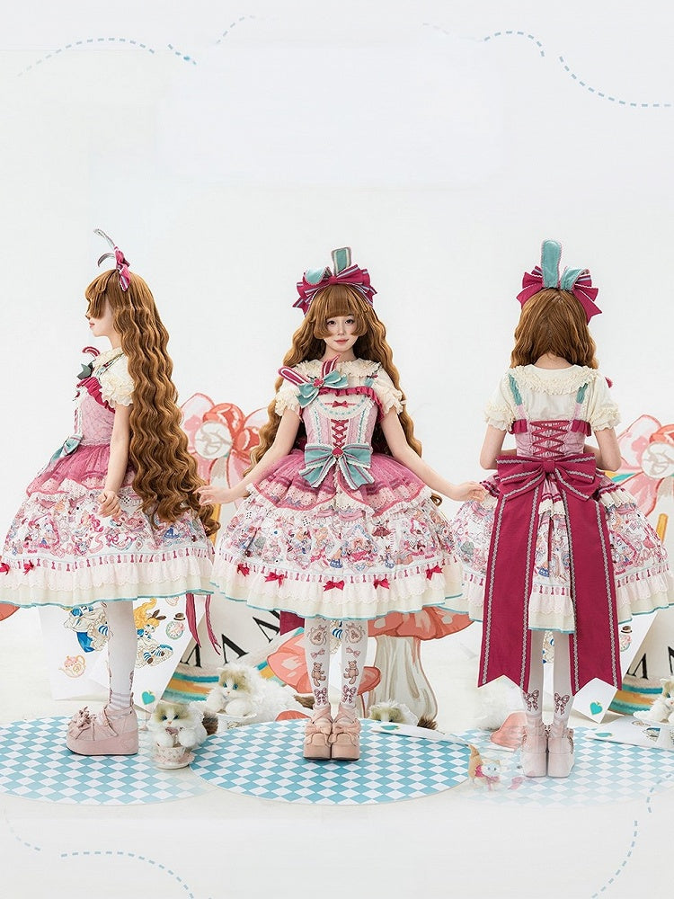 Pink & Green Alice Cat Vibes Sweet Lolita Jumper Skirt with Polka-dot Apron - Mewroco | CoyBunny