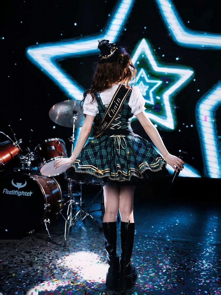 Green Idol Lolita Plaid JSK Dress with Golden Bear Embroidery and Black Scalloped Hem - LiLi Chain | CoyBunny