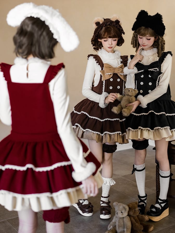 Sweet Winter Lolita Tiered Overall Dress in Red with Bunny Ear Hairband - With PUJI | CoyBunny