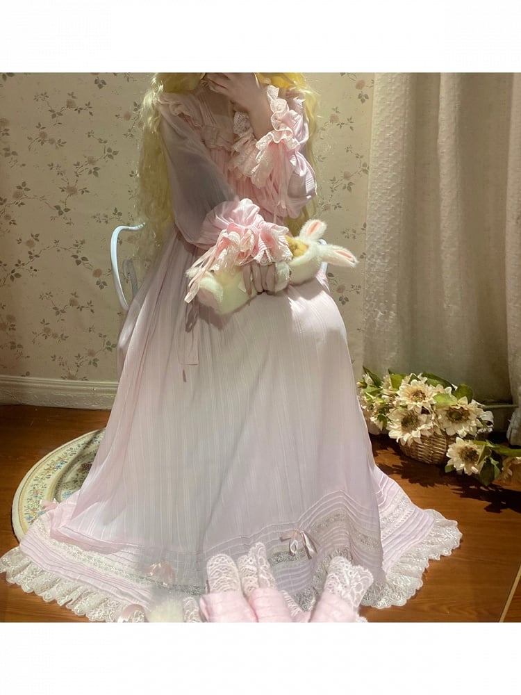Lace Trim Long Sleeve OP Dress with Ruffles, Pink Lolita Style - Hua Xia Miao | CoyBunny