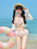 Sweet Strawberry Themed Light Pink Gingham Two-Piece Swimsuit Set Halter Top and Skirted Swim Brief - To Alice | CoyBunny