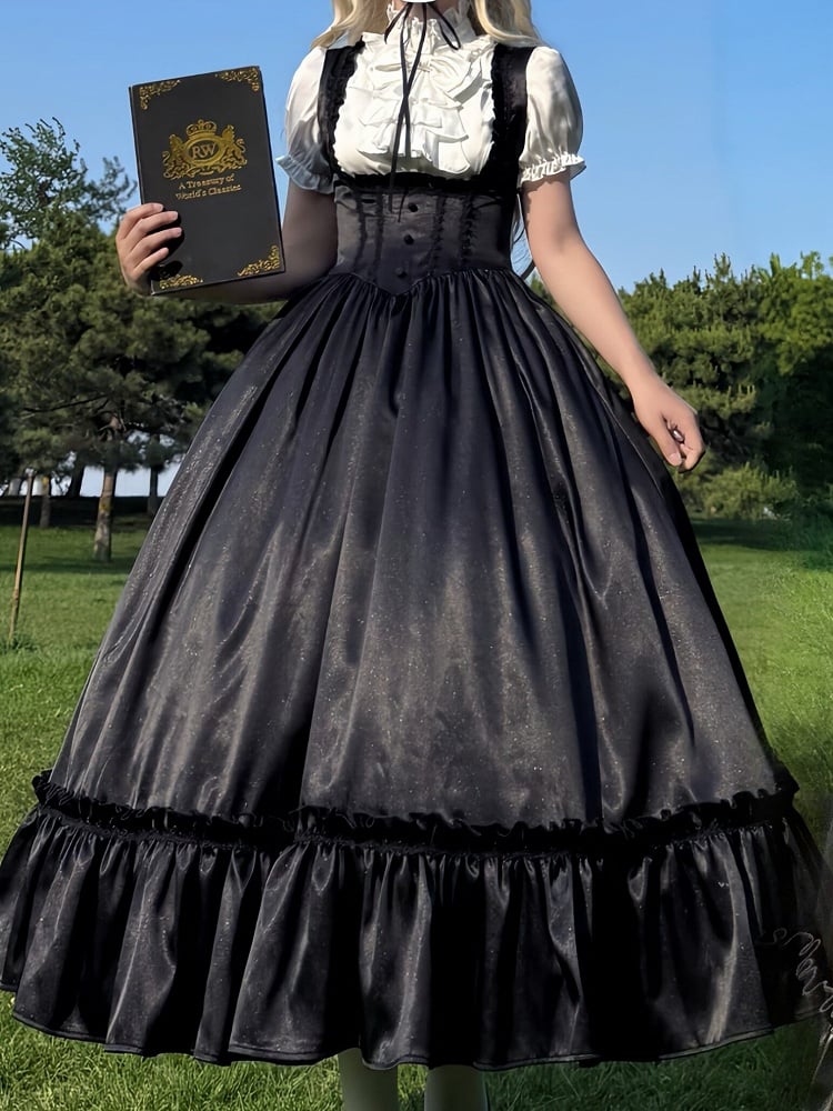 Black Satin Basque Waist Under Bust Classic Lolita JSK - Alice in Wonderland Lolita | CoyBunny