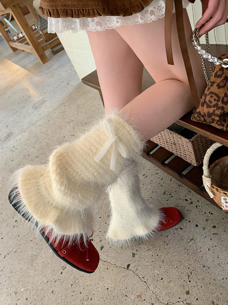 Fluffy Knit Bow Leg Warmers - Sweet Lolita Kawaii Accessory | LilyVow | CoyBunny