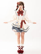 White Long-Sleeve Knitted Top Apron Blue Plaid Print Bloomer Shorts Sweet Lolita Full Set | CoyBunny