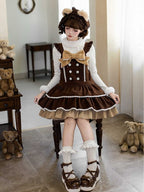 Sweet Lolita Overall Dress in Coffee with Dropped Waist Bow and Tiered Hem - With PUJI | CoyBunny