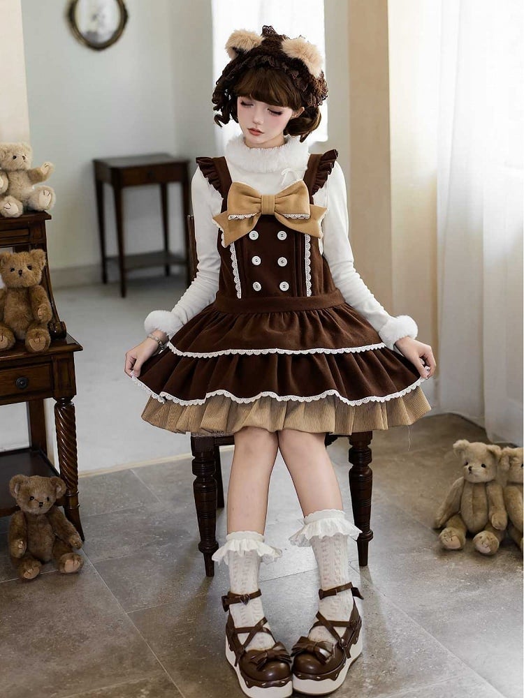Sweet Lolita Overall Dress in Coffee with Dropped Waist Bow and Tiered Hem - With PUJI | CoyBunny