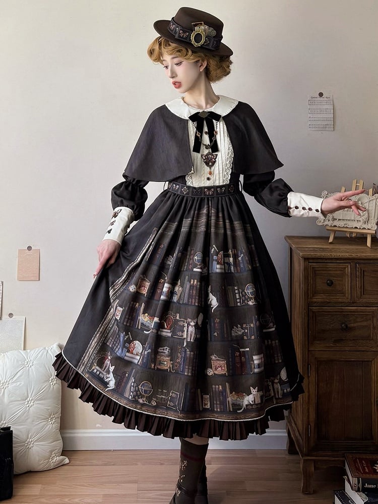 Dark Brown Bookshelf Print Long Sleeve Lolita Dress Cape - Miss Point | CoyBunny